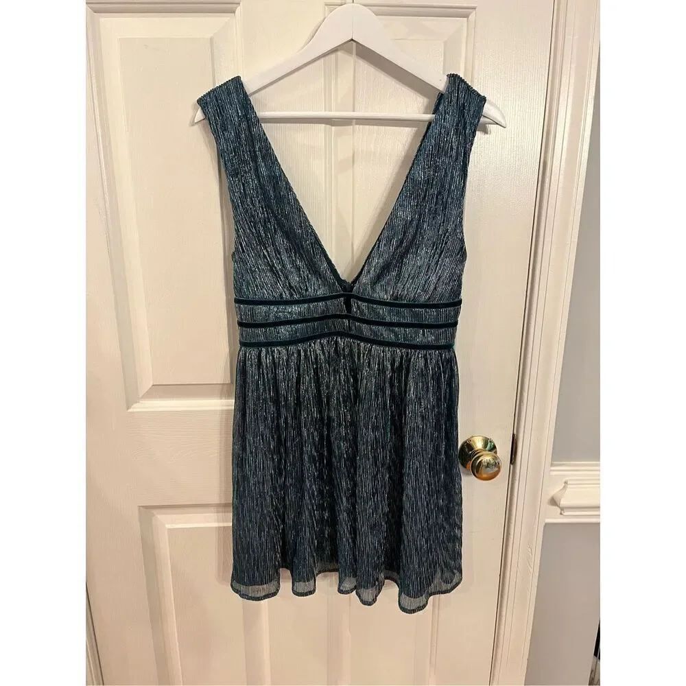 Lulus Teal & Black Sparkle Deep V-Neck Grecian Style Party Dress sz S EUC